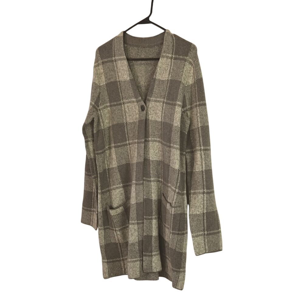 J. Jill gray block plaid one-button cardigan.